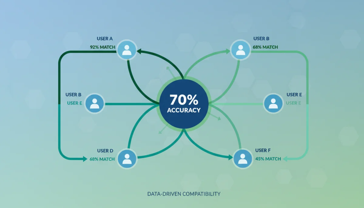 Diagrama del algoritmo de OkCupid mostrando 70% de precisión en compatibilidad.