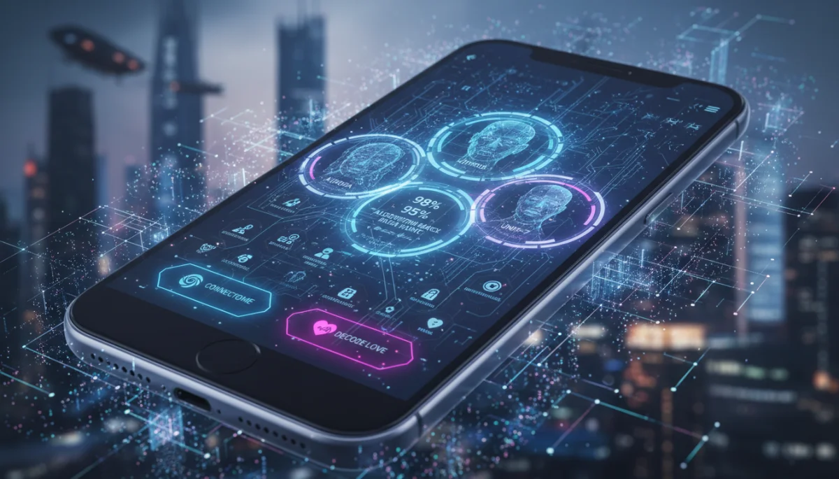 Interfaz futurista de app de citas con algoritmos de IA y perfiles personalizados.