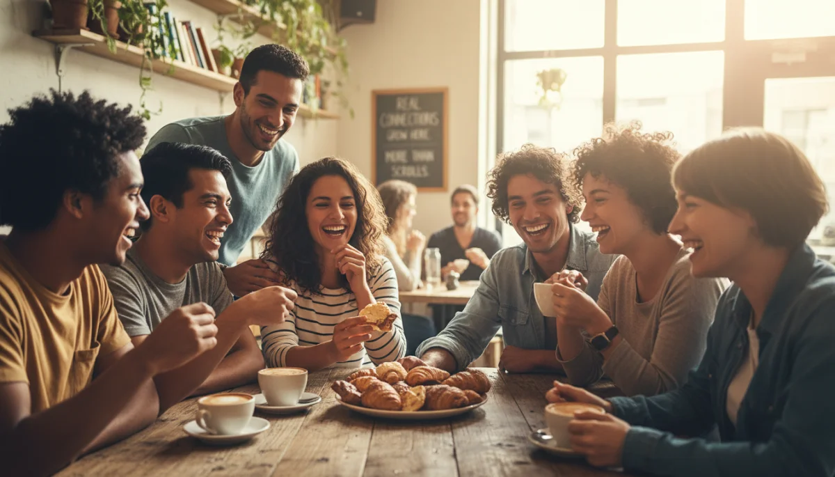 Grupo de amigos sonriendo en un entorno social, mostrando apoyo y conexiones saludables.