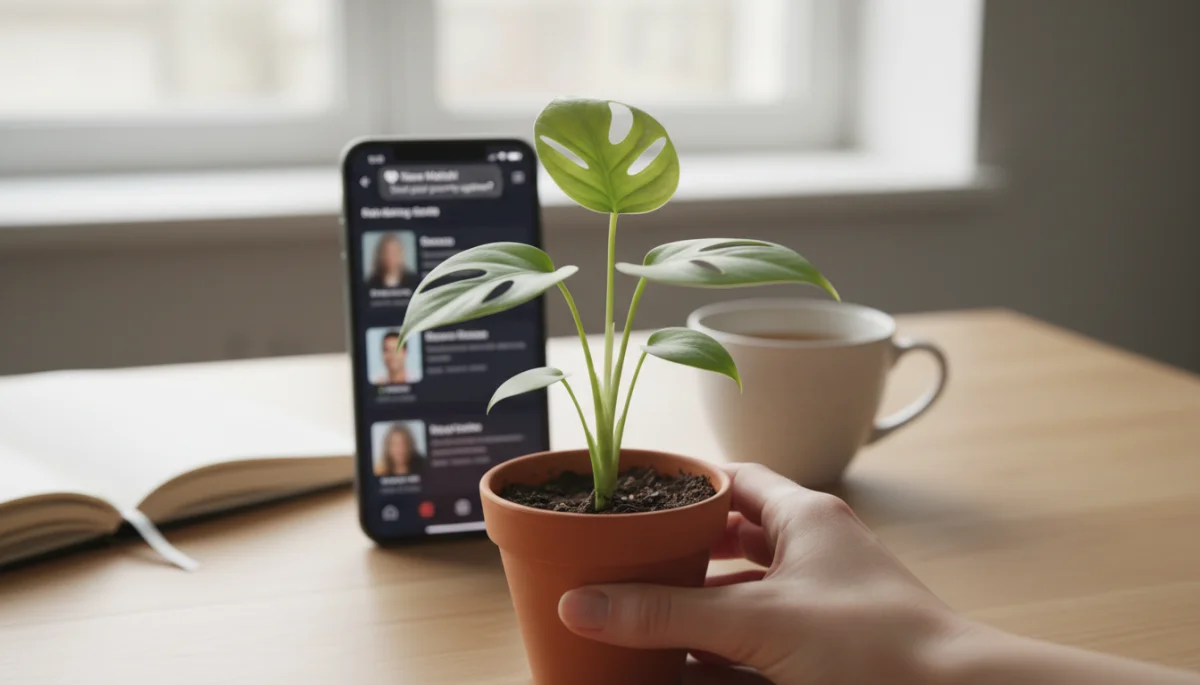 Pantalla de app de citas con notificación y una mano sosteniendo una planta, simbolizando autocuidado y crecimiento personal.