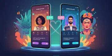 Dos apps de citas emergentes en México con diseño moderno y personas interactuando, representando la conexión digital en 2026.