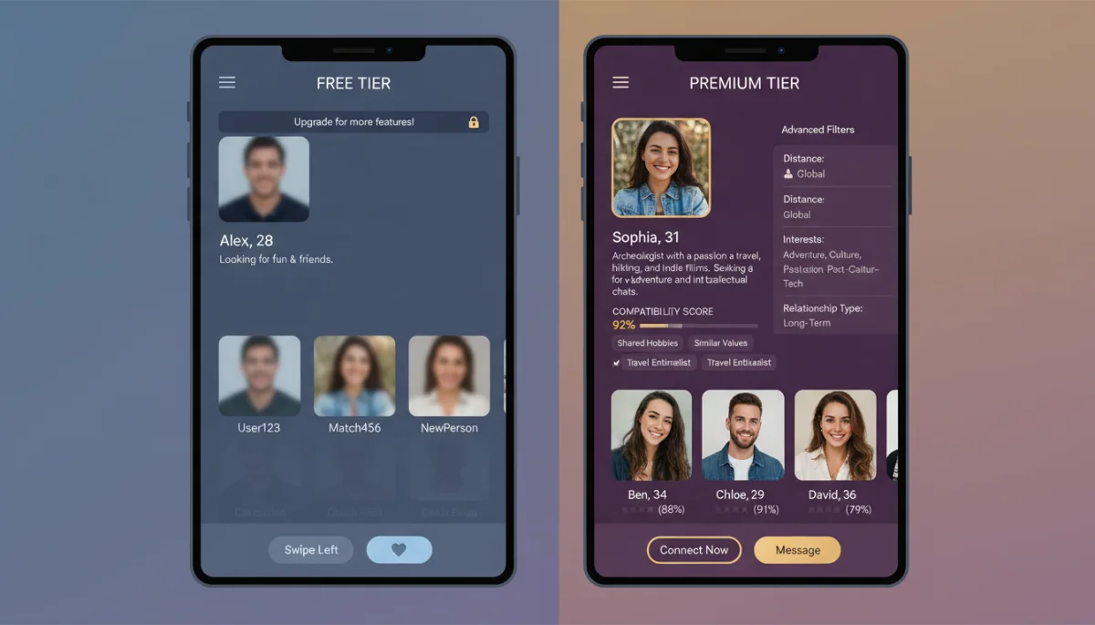 Comparación visual de interfaces de apps de citas: versión gratuita vs. premium.