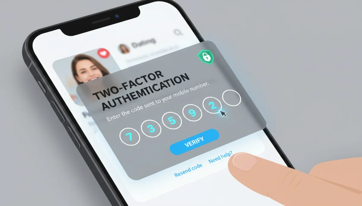 Pantalla de smartphone con autenticación de dos factores activada en una app de citas.