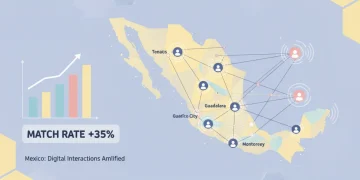 Gráfico moderno con líneas de conexión sobre mapa de México, representando el aumento del 15% en coincidencias de Bumble.