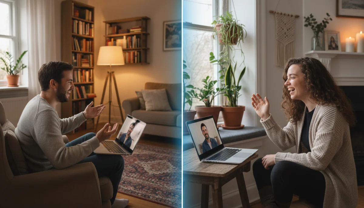 Dos personas en sus casas, conversando animadamente por videollamada en sus laptops, disfrutando de una cita virtual cómoda.