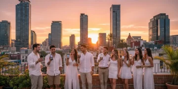 Jóvenes mexicanos interactuando con apps de citas online en un ambiente de verano en la ciudad.