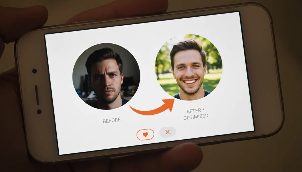 Comparación de fotos de perfil malas y buenas en una app de citas, mostrando la diferencia en calidad.