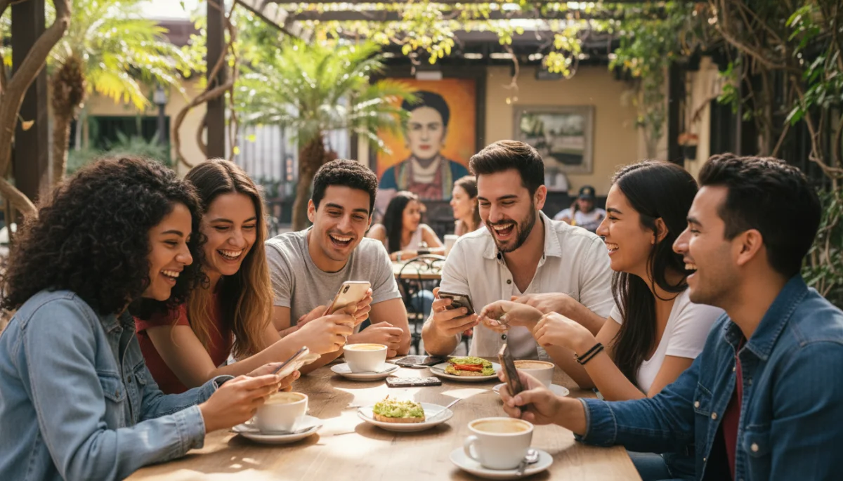 Grupo de amigos riendo en un café, simbolizando conexiones auténticas en citas online.