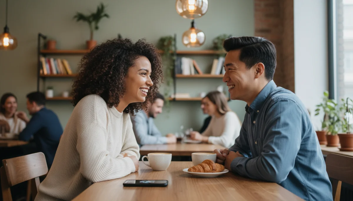 Dos personas sonriendo y conversando en una cafetería, simbolizando conexiones auténticas y positivas en el mundo de las citas.