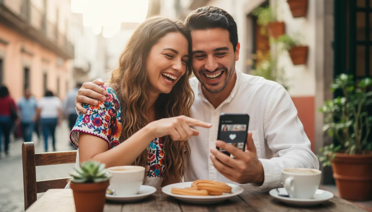 Pareja joven riendo y compartiendo un momento agradable, simbolizando las conexiones exitosas gracias a las nuevas apps de citas en México.