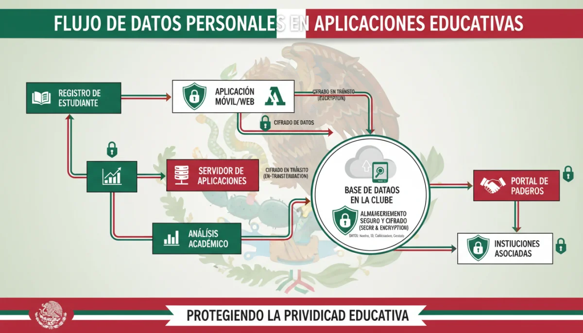 Diagrama de flujo de datos personales en aplicaciones educativas mexicanas.