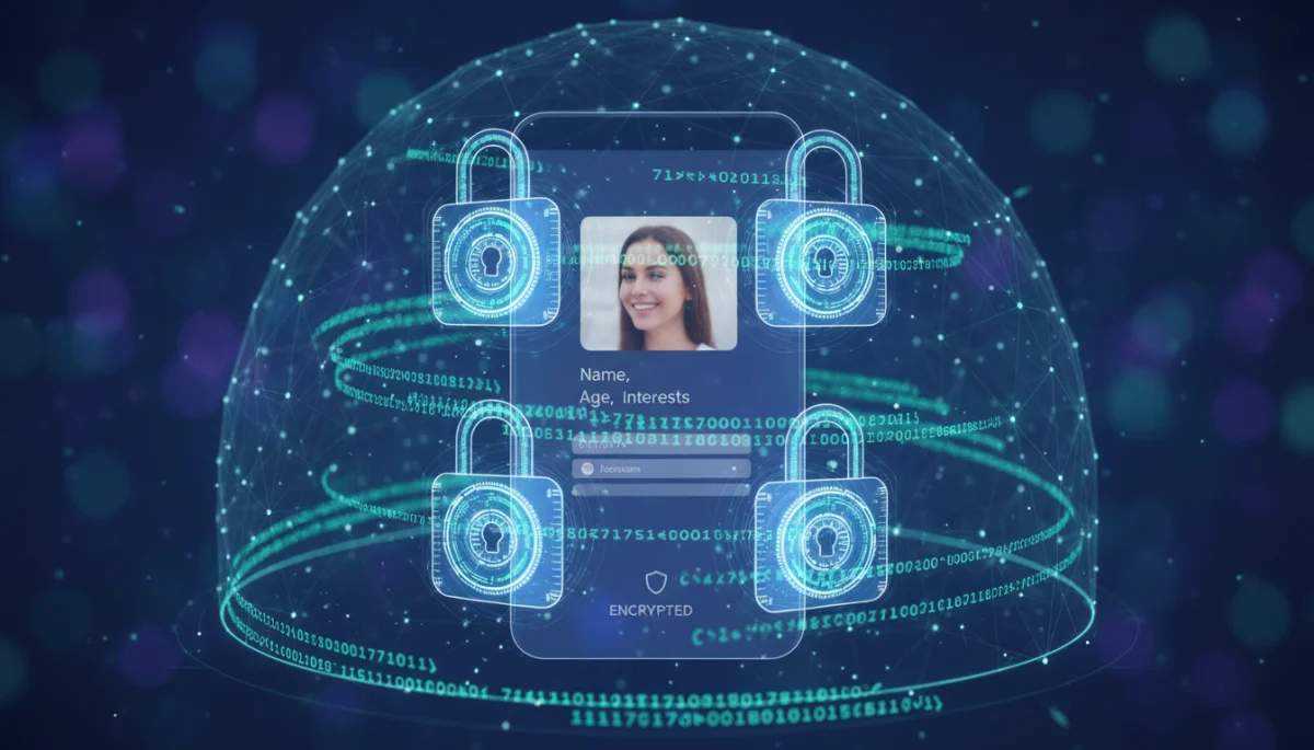 Ilustración de encriptación de datos protegiendo información personal en una aplicación de citas.