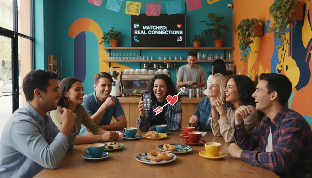 Grupo de jóvenes en una cafetería mexicana, conversando, representando encuentros exitosos de apps de citas.