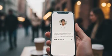 Persona escribiendo un primer mensaje en una app de citas con un fondo urbano difuminado.