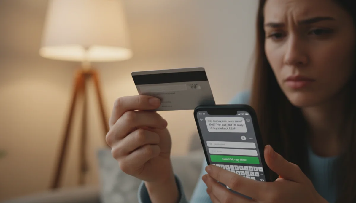Mano sosteniendo una tarjeta de crédito frente a un celular con solicitud de dinero en app de citas.