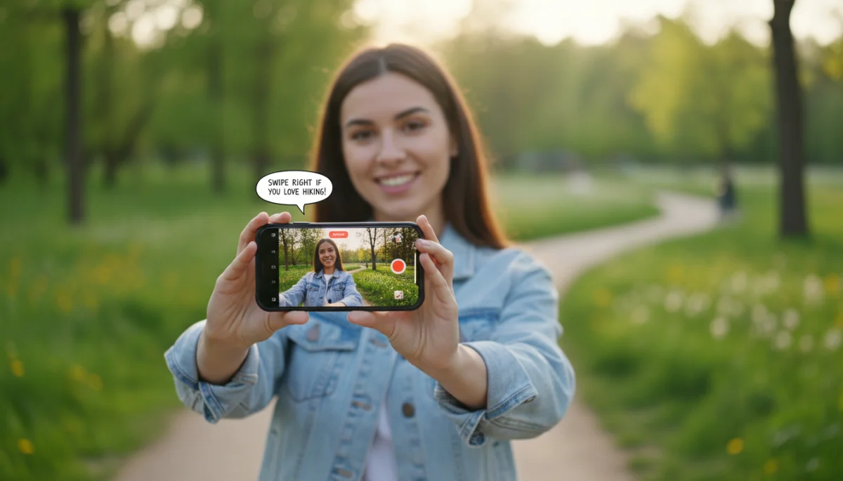 Persona grabando un video auténtico para su perfil de app de citas en un entorno natural.