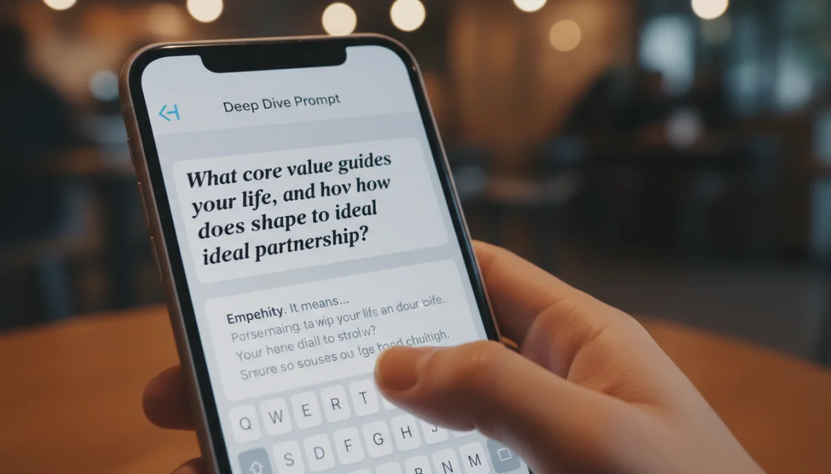 Interfaz de Hinge con la función 'Preguntas Profundas' activa, mostrando una respuesta reflexiva.