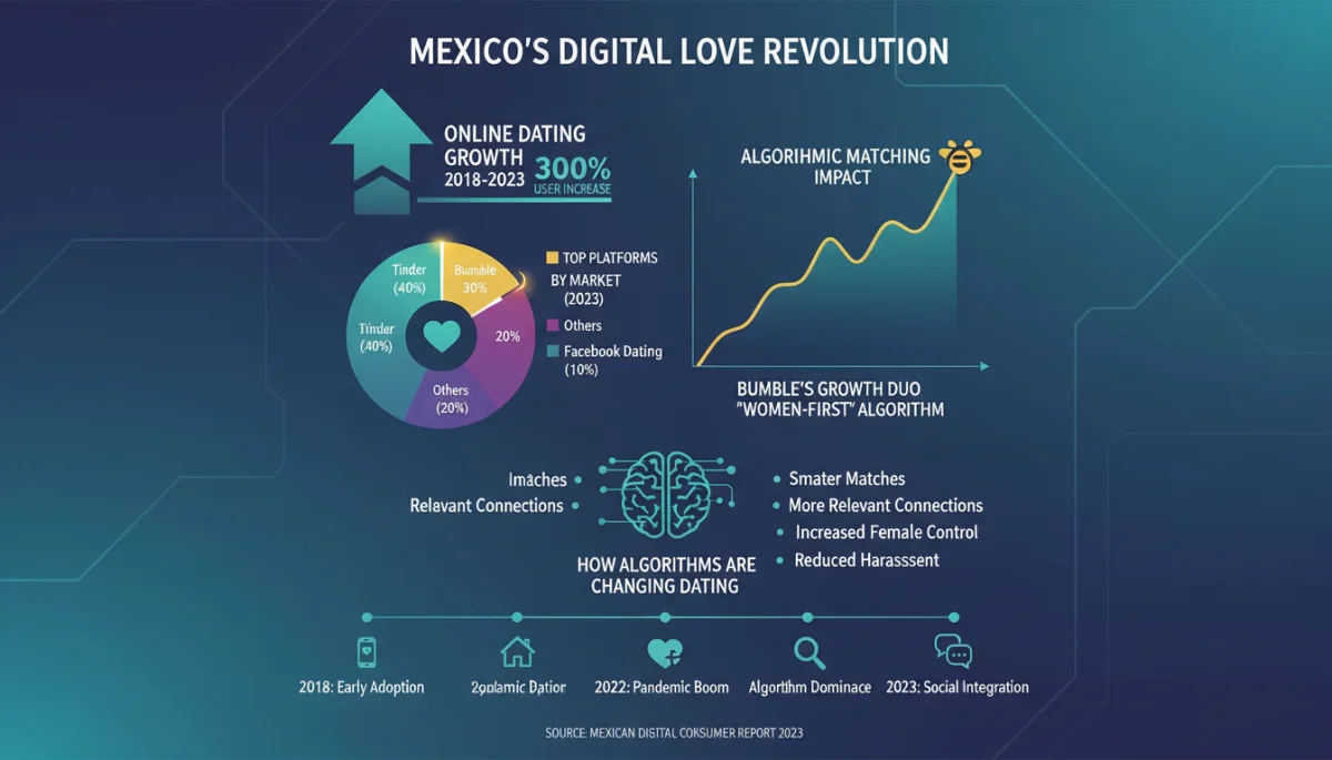 Infografía con datos y tendencias de citas en línea en México, destacando el impacto de algoritmos.