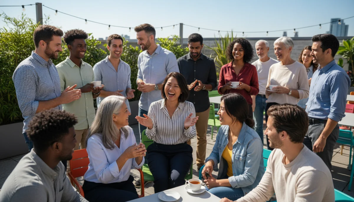 Grupo diverso de personas disfrutando de una conversación animada y exitosa en un entorno social.