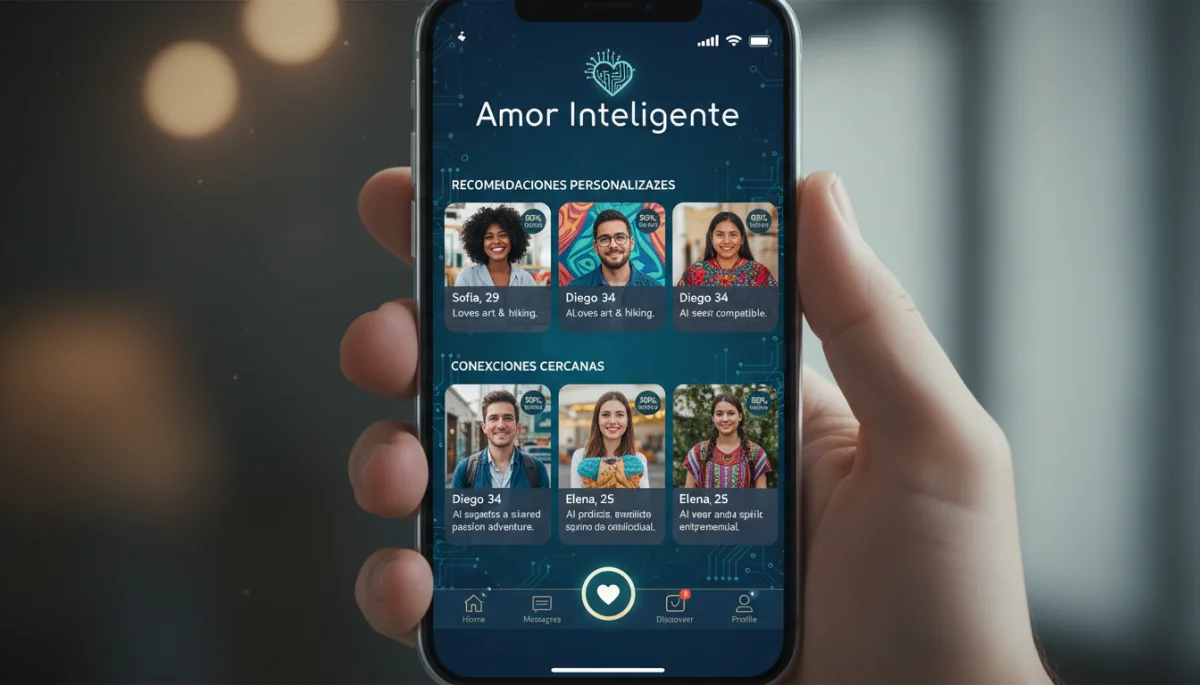 Pantalla de smartphone con interfaz de app de citas sofisticada y algoritmos de IA para usuarios mexicanos.