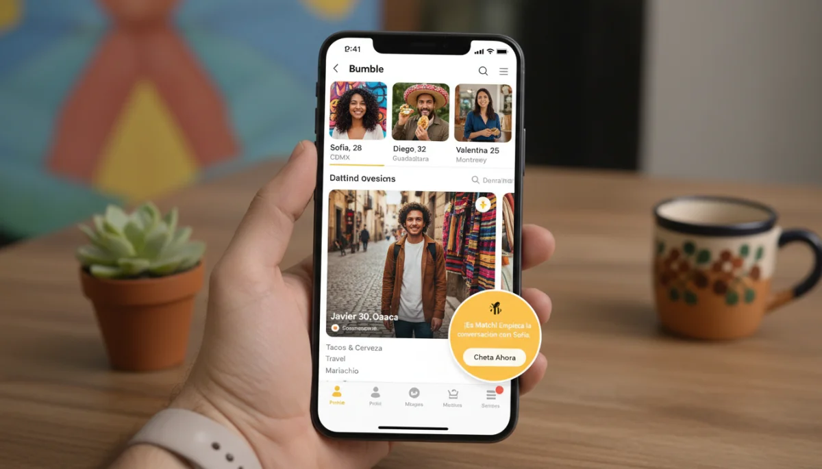Interfaz de Bumble mostrando perfiles diversos y una notificación de coincidencia en México.