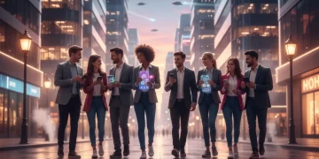 Jóvenes diversos usando apps de citas premium en un entorno urbano moderno.