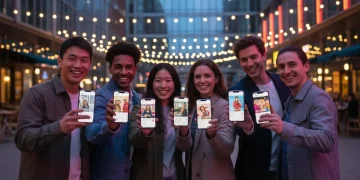 Jóvenes interactuando con videos en sus perfiles de apps de citas en un entorno urbano moderno.