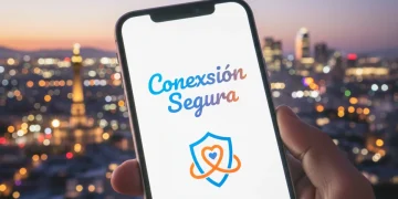 Pantalla de móvil con la app 'Conexión Segura' y logo de Match Group, sobre un fondo de Ciudad de México.