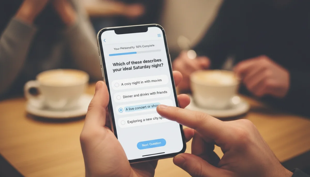 Interfaz de OkCupid mostrando preguntas de personalidad en un smartphone.