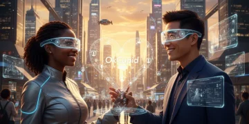 Pareja diversa conectando a través de interfaces de realidad aumentada de OkCupid en una ciudad futurista.