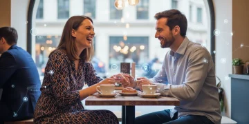 Pareja riendo y conversando animadamente en una primera cita exitosa en una cafetería moderna.