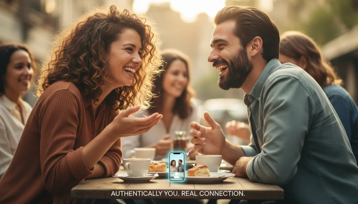 Pareja riendo y conversando genuinamente en una primera cita, resultado de un perfil auténtico.