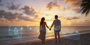 Pareja caminando en una playa mexicana al atardecer, simbolizando relaciones duraderas a través de apps de citas.
