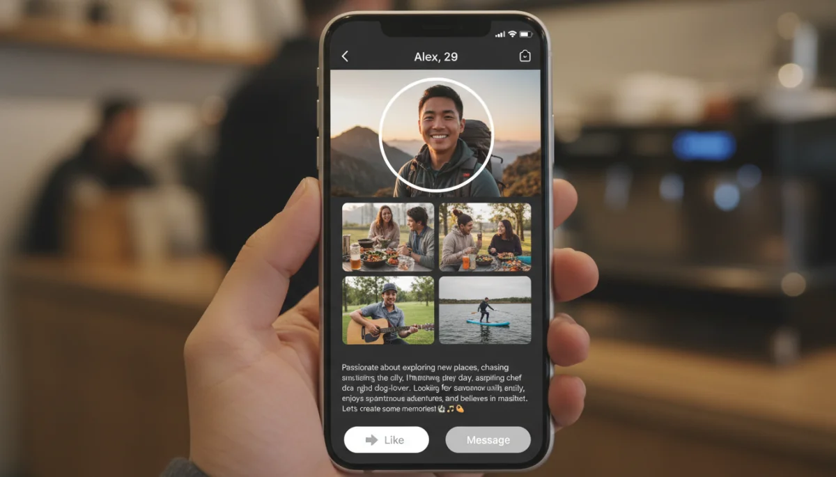 Pantalla de smartphone con un perfil de app de citas bien diseñado y auténtico.