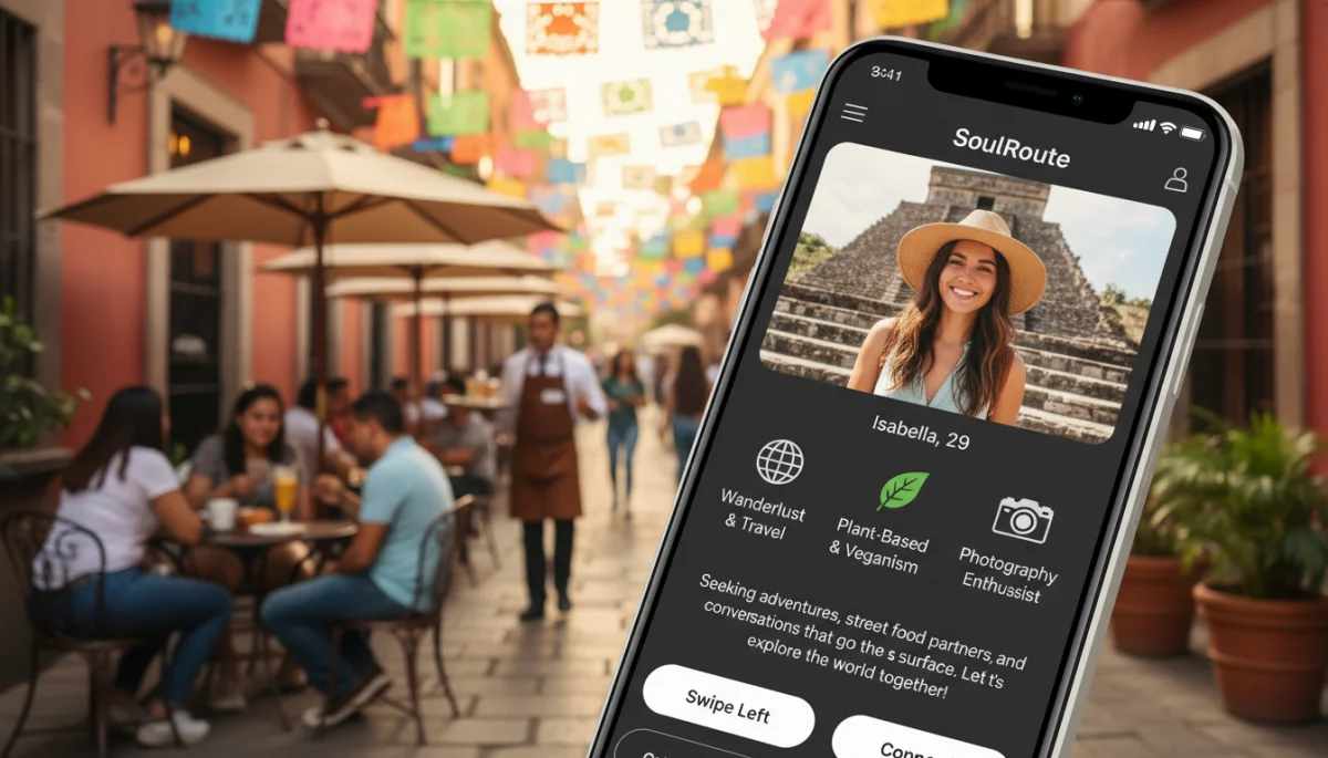 Pantalla de smartphone con perfil de app de citas de nicho, mostrando intereses específicos y un ambiente mexicano.