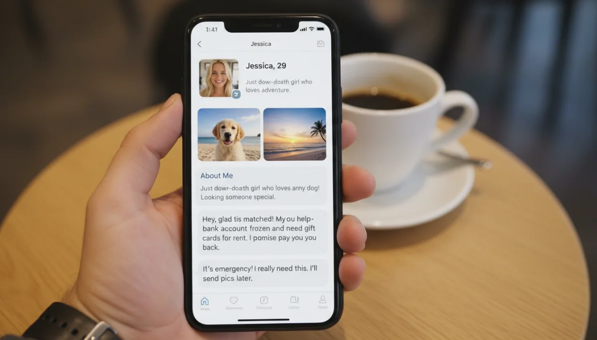 Pantalla de smartphone mostrando un perfil falso en una app de citas, representando el 'catfishing'.