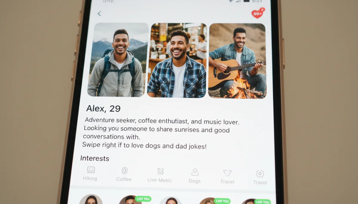 Pantalla de smartphone mostrando un perfil de Tinder optimizado con fotos atractivas y una biografía ingeniosa, listo para triplicar los matches.