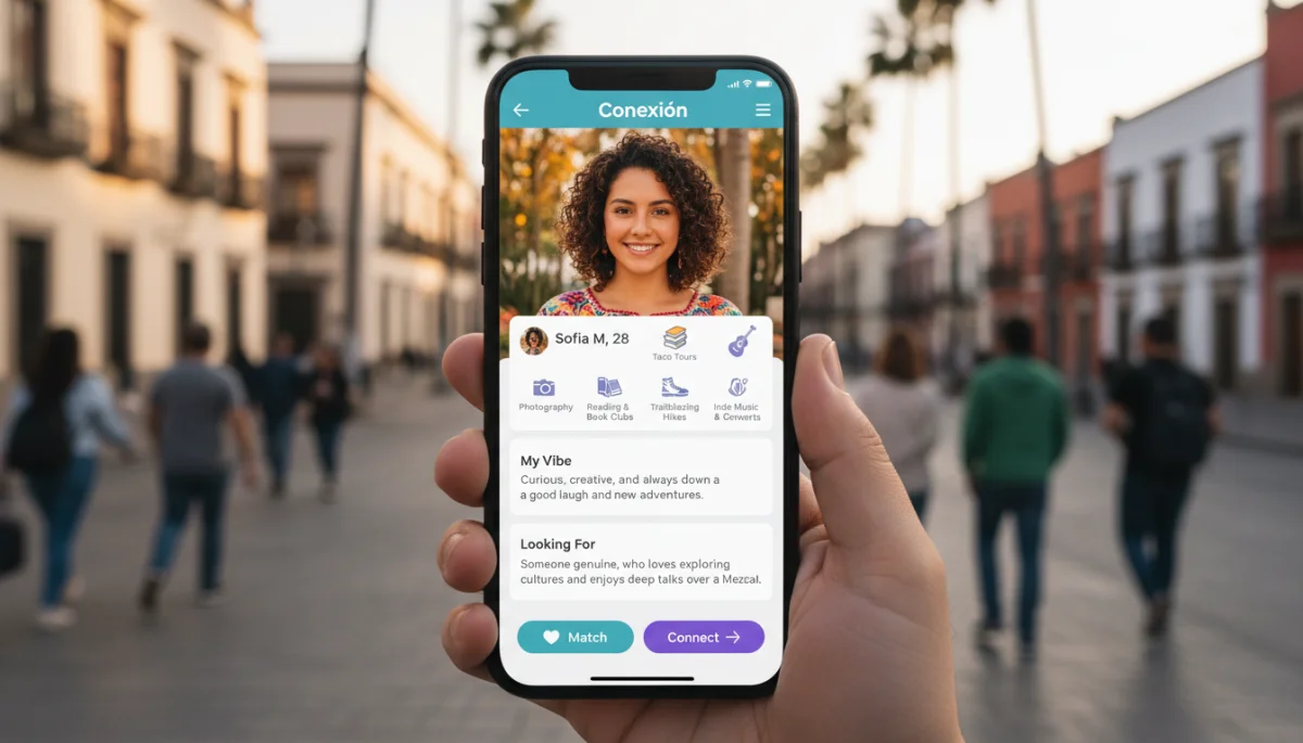 Perfil de usuario detallado en una app de citas emergente en México, mostrando intereses y fotos para una mejor conexión.