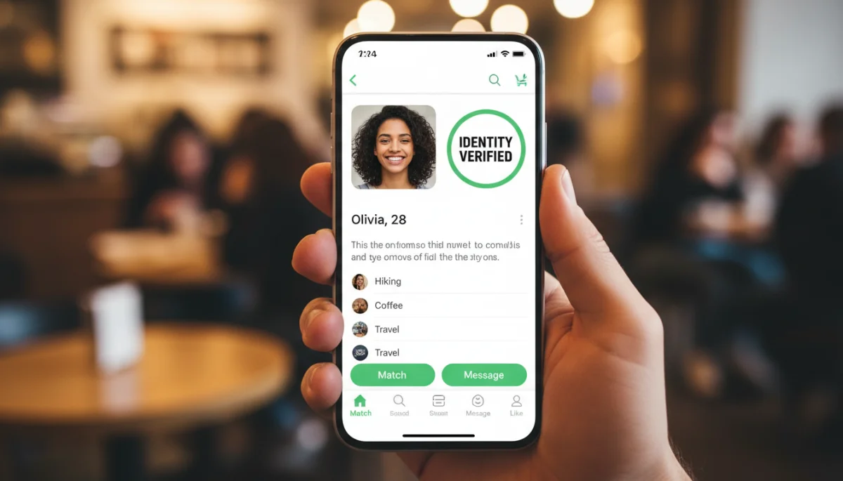 Pantalla de smartphone mostrando perfil de app de citas con distintivo de identidad verificada.