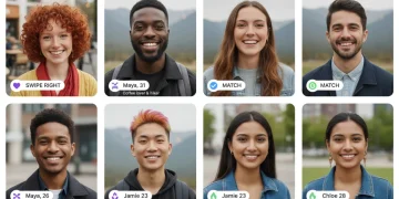 Mujeres y hombres jóvenes sonrientes en perfiles de apps de citas, resaltando la importancia de fotos optimizadas.