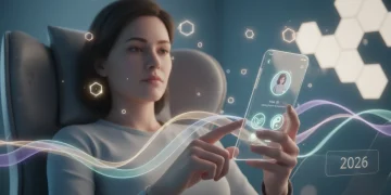 Persona usando una app de citas en 2026, con elementos visuales que sugieren salud mental positiva y equilibrio.
