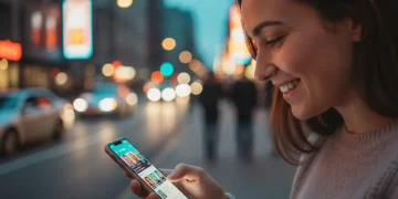 Persona sonriendo mientras navega una app de citas en su celular en un entorno urbano al atardecer.