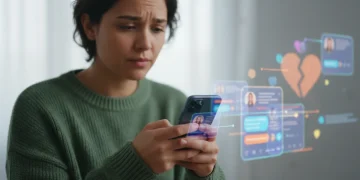 Persona reflexiva mirando su teléfono, lidiando con el ghosting en apps de citas.