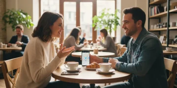 Pareja en una primera cita segura en una cafetería pública, sonriendo y conversando.