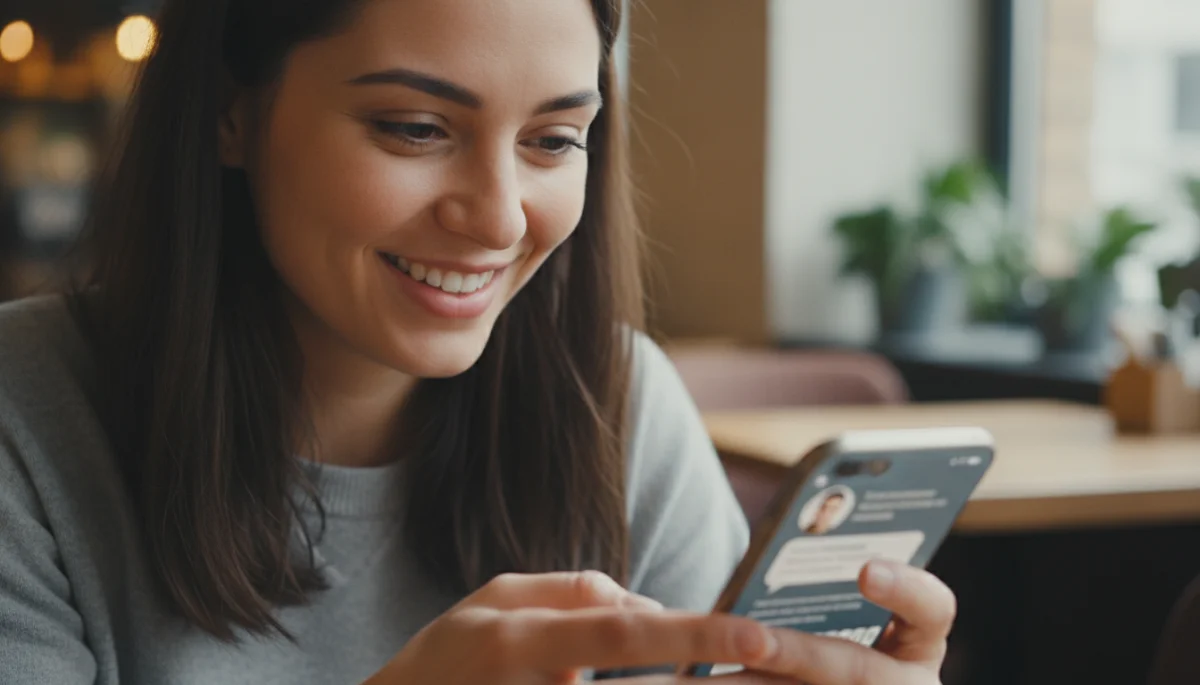 Persona sonriendo al leer un mensaje atractivo en su teléfono.