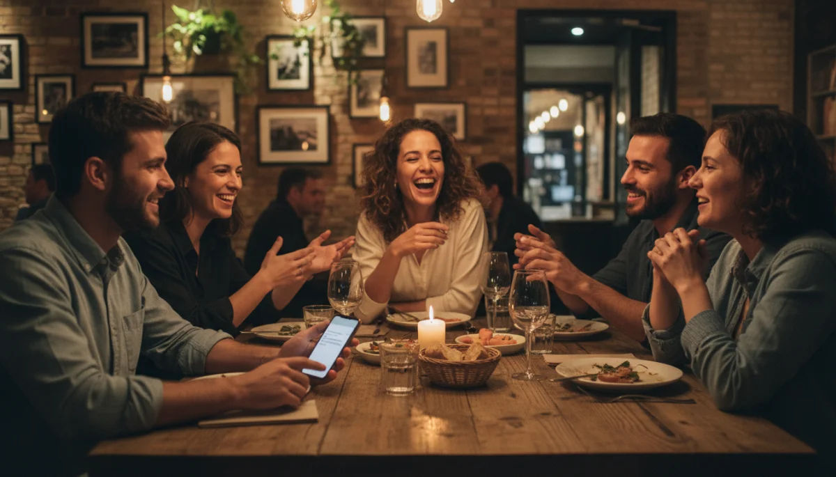 Amigos en un restaurante, uno de ellos enviando un mensaje sobre sus planes de cita para mayor seguridad.