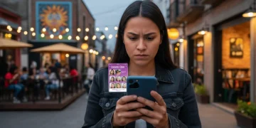 Persona navegando con cautela en una app de citas, simbolizando la seguridad en línea.