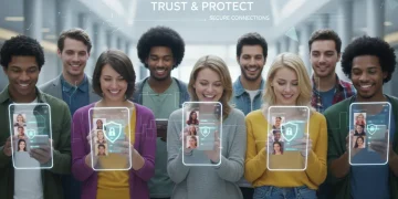 Íconos de seguridad digital superpuestos en una interfaz de aplicación de citas, simbolizando protección de datos personales.