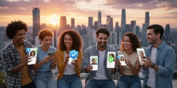 Jóvenes interactuando en apps de citas con iconos de verificación, simbolizando seguridad y confianza en línea.