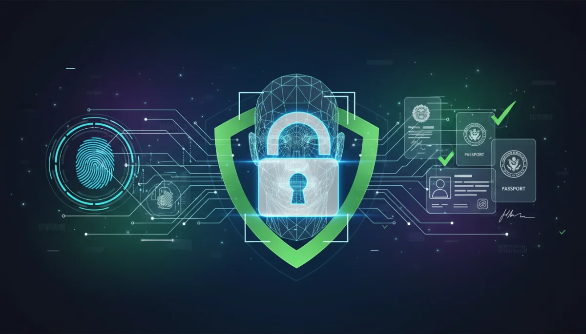 Representación abstracta de procesos de verificación de identidad digital con biometría y documentos seguros.